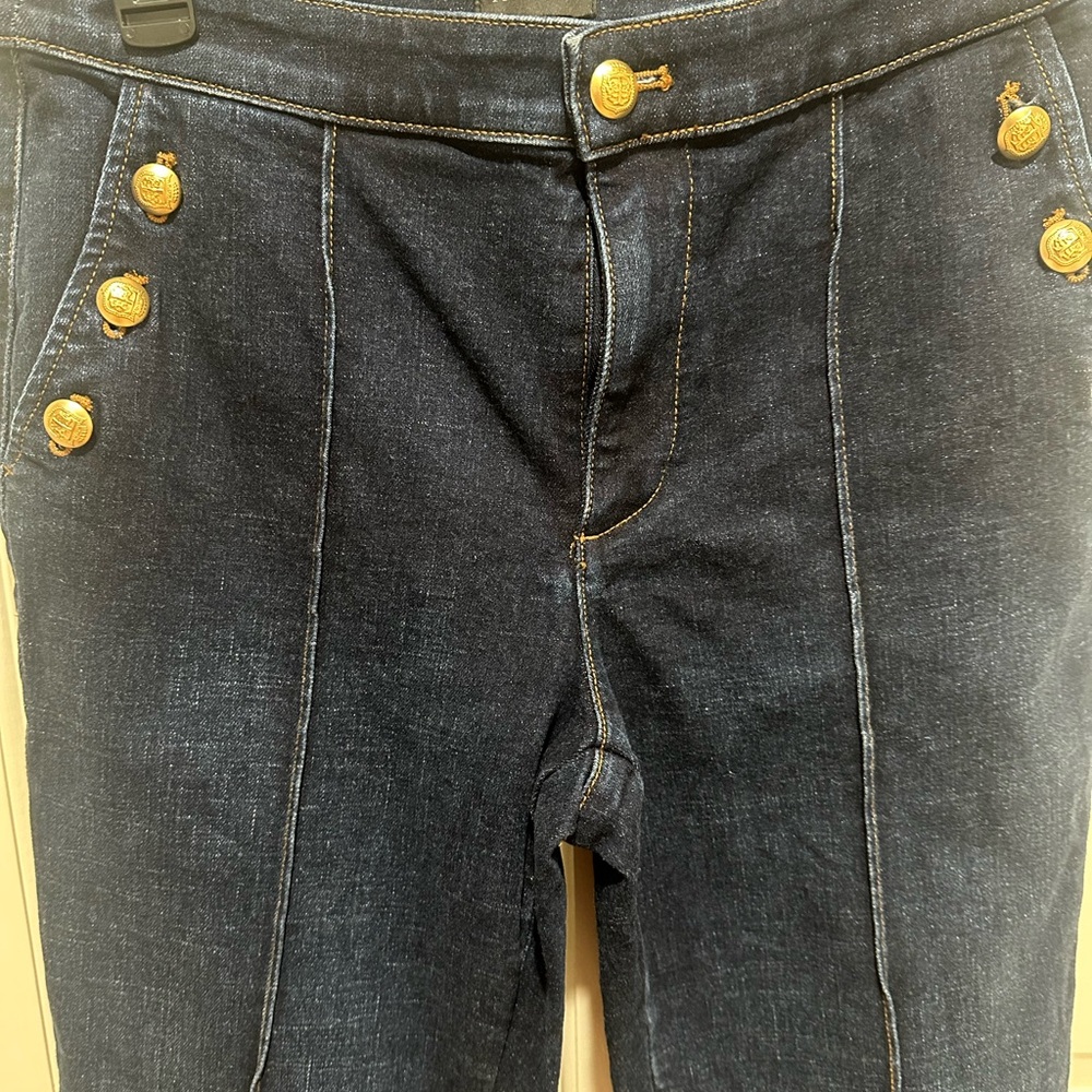 Talbots Dark Wash Flare Jeans With Gold Buttons, Size 6P - Picture 4 of 7